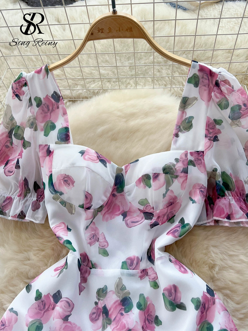 SINGREINY Rochie cu imprimeu floral de vacanță pe plajă pentru femei, fără spate, cu dantelă, bandaj încrucișat, volanat, rochie lungă de petrecere, la modă, coreeană.