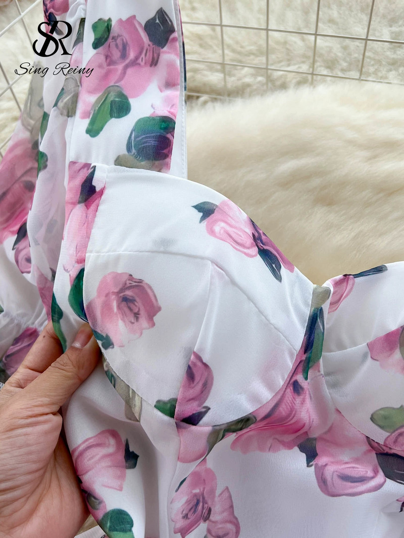 SINGREINY Rochie cu imprimeu floral de vacanță pe plajă pentru femei, fără spate, cu dantelă, bandaj încrucișat, volanat, rochie lungă de petrecere, la modă, coreeană.