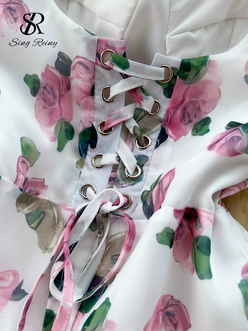 SINGREINY Rochie cu imprimeu floral de vacanță pe plajă pentru femei, fără spate, cu dantelă, bandaj încrucișat, volanat, rochie lungă de petrecere, la modă, coreeană.