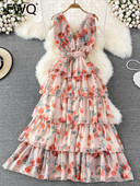 EWQ Rochie din șifon de vară, nouă, fără mâneci, cu decolteu în V, cu imprimeu în contrast, cu talie înaltă, rochii în linie A 2024 Îmbrăcăminte nouă 27SN2741