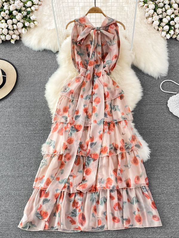 EWQ Rochie din șifon de vară, nouă, fără mâneci, cu decolteu în V, cu imprimeu în contrast, cu talie înaltă, rochii în linie A 2024 Îmbrăcăminte nouă 27SN2741