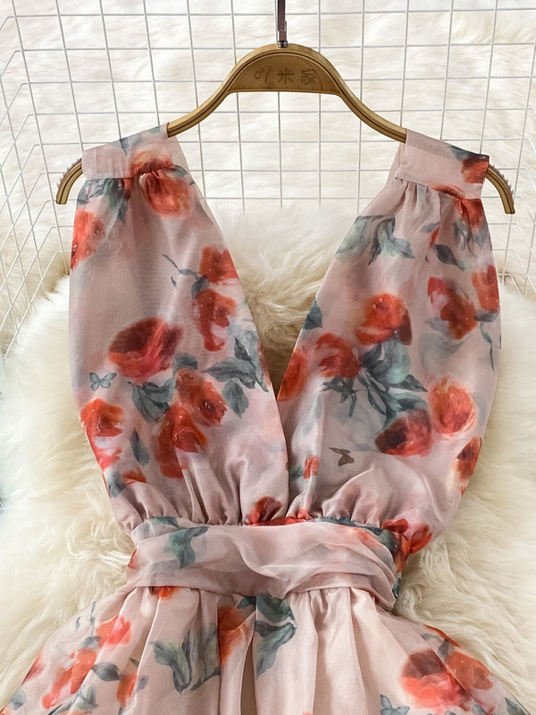 EWQ Rochie din șifon de vară, nouă, fără mâneci, cu decolteu în V, cu imprimeu în contrast, cu talie înaltă, rochii în linie A 2024 Îmbrăcăminte nouă 27SN2741