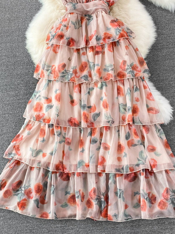 EWQ Rochie din șifon de vară, nouă, fără mâneci, cu decolteu în V, cu imprimeu în contrast, cu talie înaltă, rochii în linie A 2024 Îmbrăcăminte nouă 27SN2741