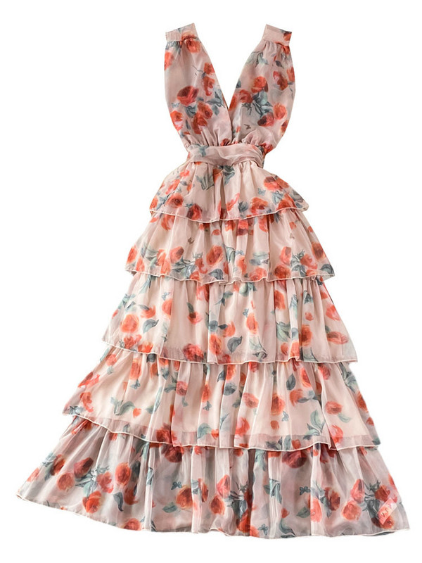 EWQ Rochie din șifon de vară, nouă, fără mâneci, cu decolteu în V, cu imprimeu în contrast, cu talie înaltă, rochii în linie A 2024 Îmbrăcăminte nouă 27SN2741