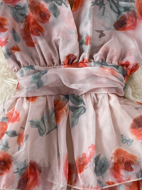 EWQ Rochie din șifon de vară, nouă, fără mâneci, cu decolteu în V, cu imprimeu în contrast, cu talie înaltă, rochii în linie A 2024 Îmbrăcăminte nouă 27SN2741