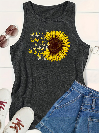 Ženske majice s printom leptira i suncokreta, svestrane majice s okruglim izrezom i rukavima Seksi labavi prsluk za majicu za plažu Ženska majica prekomjernih dimenzija S-36