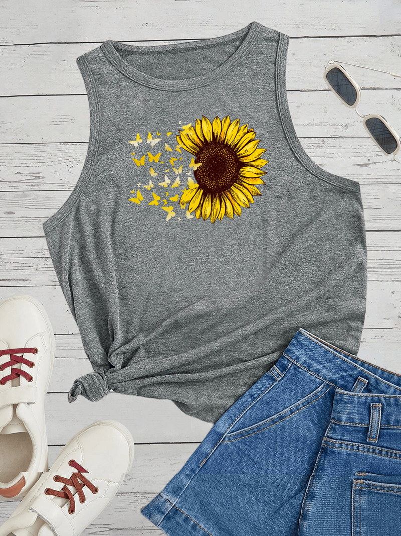 Ženske majice s printom leptira i suncokreta, svestrane majice s okruglim izrezom i rukavima Seksi labavi prsluk za majicu za plažu Ženska majica prekomjernih dimenzija S-36