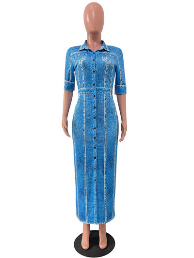 Kricesseen Rochie maxi lungă, lungă, cu imprimeu de denim albastru, pentru femei, ținute pentru club de noapte, modă, detalii cu nasturi, blugi, rochie de petrecere imprimată, haine de club