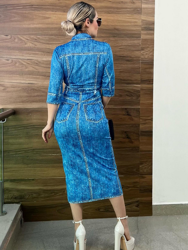 Kricesseen Rochie maxi lungă, lungă, cu imprimeu de denim albastru, pentru femei, ținute pentru club de noapte, modă, detalii cu nasturi, blugi, rochie de petrecere imprimată, haine de club