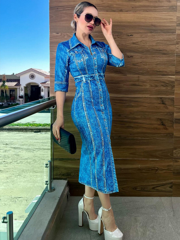 Kricesseen Rochie maxi lungă, lungă, cu imprimeu de denim albastru, pentru femei, ținute pentru club de noapte, modă, detalii cu nasturi, blugi, rochie de petrecere imprimată, haine de club