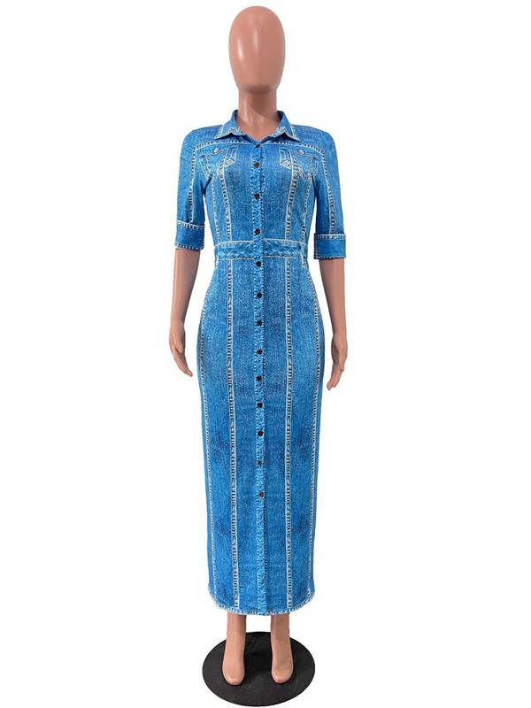 Kricesseen Rochie maxi lungă, lungă, cu imprimeu de denim albastru, pentru femei, ținute pentru club de noapte, modă, detalii cu nasturi, blugi, rochie de petrecere imprimată, haine de club