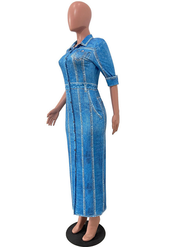 Kricesseen Rochie maxi lungă, lungă, cu imprimeu de denim albastru, pentru femei, ținute pentru club de noapte, modă, detalii cu nasturi, blugi, rochie de petrecere imprimată, haine de club