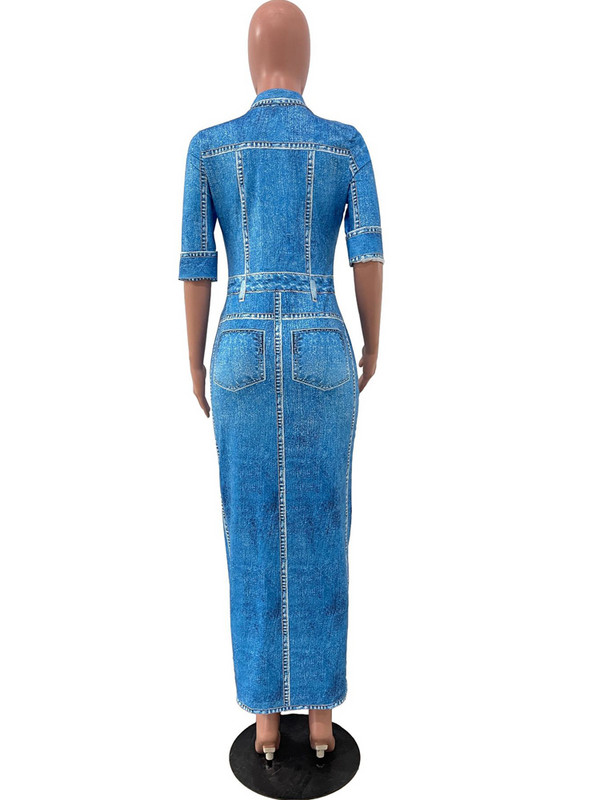 Kricesseen Rochie maxi lungă, lungă, cu imprimeu de denim albastru, pentru femei, ținute pentru club de noapte, modă, detalii cu nasturi, blugi, rochie de petrecere imprimată, haine de club