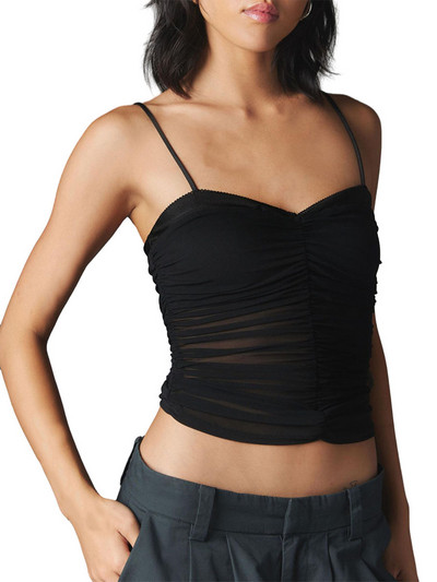 Y2k női Crop Camisole felső, ujjatlan spagettipántos felsők Szexi hát nélküli mellény, nyári ruched ing Utcai ruházat