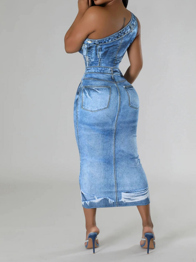 Naiste uus imitatsiooniga teksariidest trükitud ühe õlaga kleit, temperament, pendeldamine, seksikas vürtsikas tüdrukute naiste bandeau kitsad kleidid