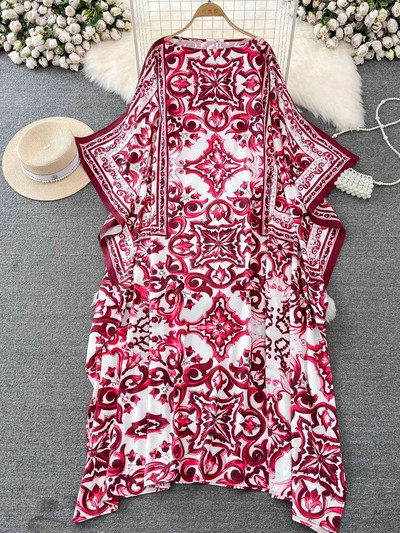 Ljetna moda 2023. Plavo-bijeli porculanski print dugi široki ženski ogrtač s šišmiš rukavima, retro zarezani izrez s bočnim razdjelima