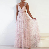 Nouă rochie din șifon cu bretele goale, vară, sexy, cu decolteu în V, talie înaltă, plisată, de petrecere, ocazională cu imprimeu floral Rochii lungi pentru femei