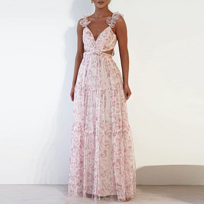 Nouă rochie din șifon cu bretele goale, vară, sexy, cu decolteu în V, talie înaltă, plisată, de petrecere, ocazională cu imprimeu floral Rochii lungi pentru femei