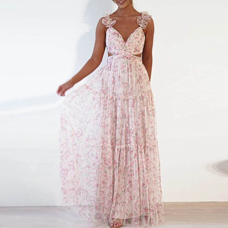 Nouă rochie din șifon cu bretele goale, vară, sexy, cu decolteu în V, talie înaltă, plisată, de petrecere, ocazională cu imprimeu floral Rochii lungi pentru femei