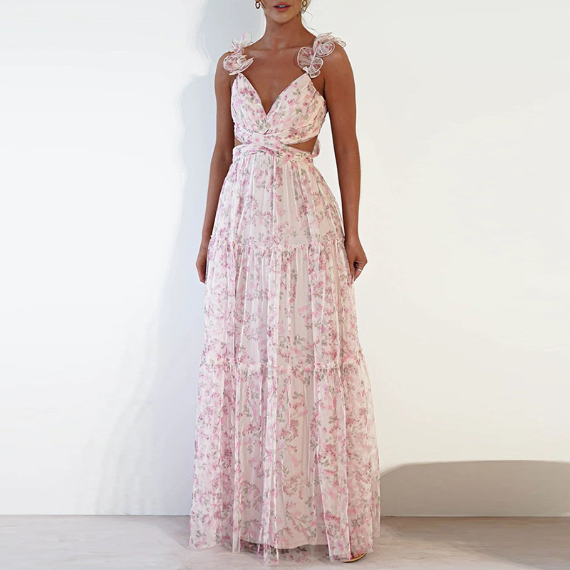Nouă rochie din șifon cu bretele goale, vară, sexy, cu decolteu în V, talie înaltă, plisată, de petrecere, ocazională cu imprimeu floral Rochii lungi pentru femei