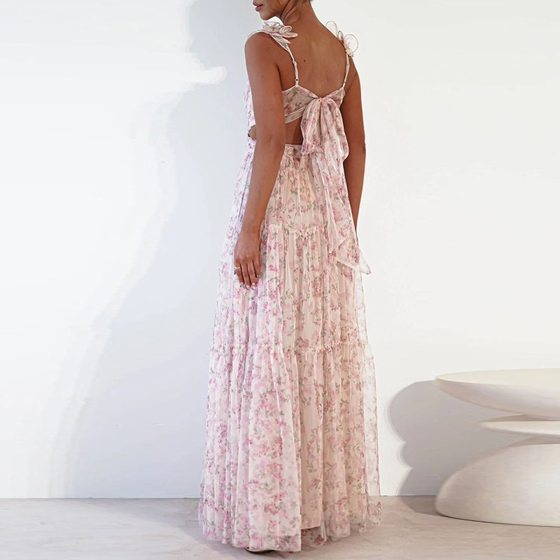 Nouă rochie din șifon cu bretele goale, vară, sexy, cu decolteu în V, talie înaltă, plisată, de petrecere, ocazională cu imprimeu floral Rochii lungi pentru femei
