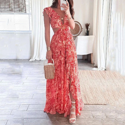 Rochie de petrecere sexy cu decolteu în V adânc încrucișat, rochie de primăvară cu imprimeu floral, cu volane, rochie lungă despicată pentru femei, fără mâneci, rochie de plajă largi de vară