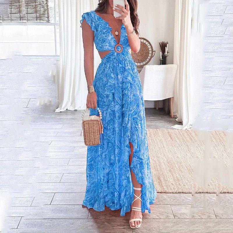 Rochie de petrecere sexy cu decolteu în V adânc încrucișat, rochie de primăvară cu imprimeu floral, cu volane, rochie lungă despicată pentru femei, fără mâneci, rochie de plajă largi de vară