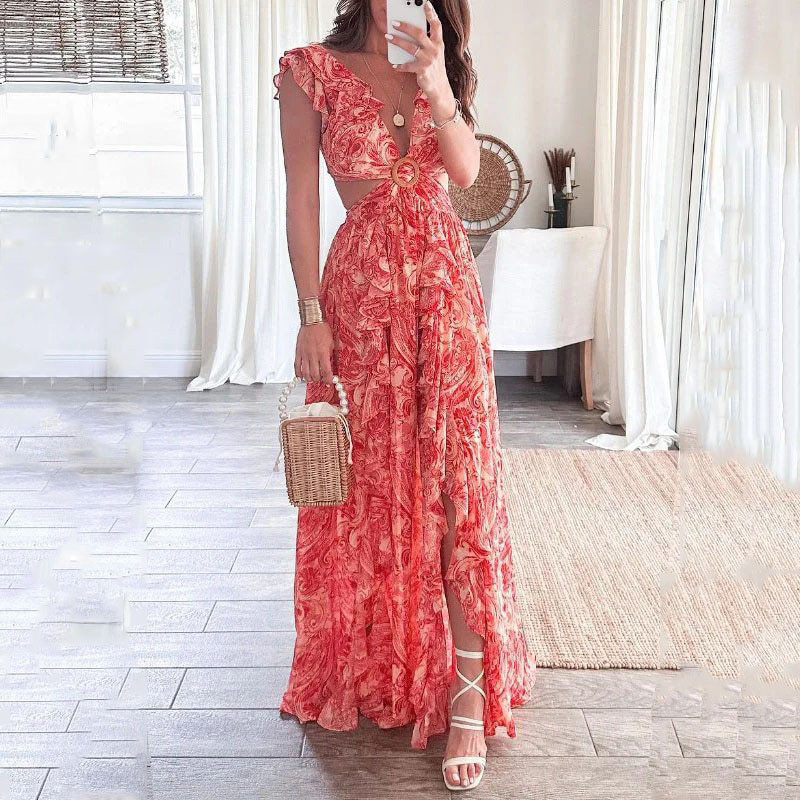 Rochie de petrecere sexy cu decolteu în V adânc încrucișat, rochie de primăvară cu imprimeu floral, cu volane, rochie lungă despicată pentru femei, fără mâneci, rochie de plajă largi de vară