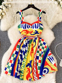 Mini haljina s cvjetnim printom u boji za ljetne praznike Ženska plavo-bijela porculanska naramenica za špagete Podstavljena kratka haljina