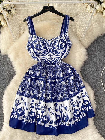 Лятна ваканционна мини рокля с принт на цветя с цветни блокове Дамска синьо-бяла порцеланова презрамка за спагети Подплатени къси дрехи