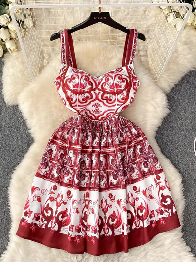 Mini haljina s cvjetnim printom u boji za ljetne praznike Ženska plavo-bijela porculanska naramenica za špagete Podstavljena kratka haljina