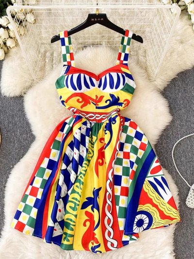 Mini haljina s cvjetnim printom u boji za ljetne praznike Ženska plavo-bijela porculanska naramenica za špagete Podstavljena kratka haljina