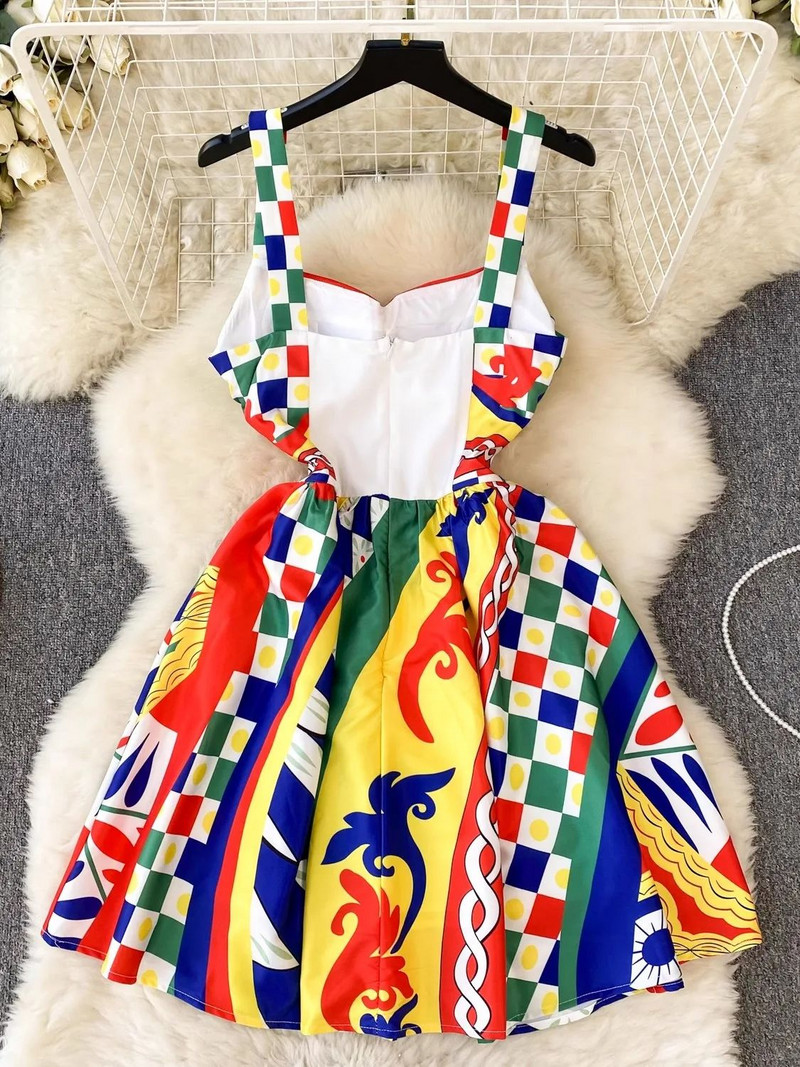 Mini haljina s cvjetnim printom u boji za ljetne praznike Ženska plavo-bijela porculanska naramenica za špagete Podstavljena kratka haljina