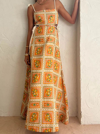 Rochie maxi cu bretele despicate pentru femei, imprimat fără spate, fără mâneci, cu șnur, elegantă, pentru damă, rochie lungă de petrecere