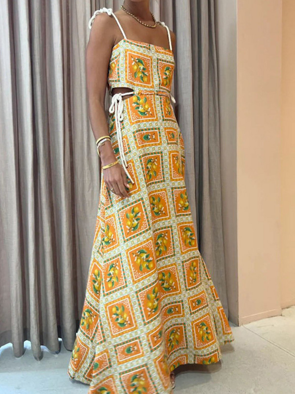 Rochie maxi cu bretele despicate pentru femei, imprimat fără spate, fără mâneci, cu șnur, elegantă, pentru damă, rochie lungă de petrecere