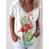 Tricou cu imprimeu Reteo Flamingo pentru femei, stil de plajă de vară, tricouri cu mânecă scurtă, cu decolteu în V, bluză supradimensionată, haine casual pentru femei