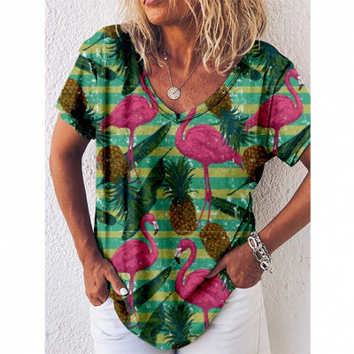 Tricou cu imprimeu Reteo Flamingo pentru femei, stil de plajă de vară, tricouri cu mânecă scurtă, cu decolteu în V, bluză supradimensionată, haine casual pentru femei