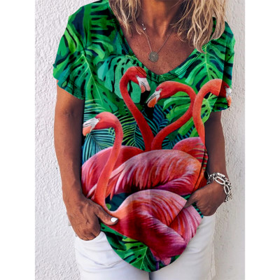 Tricou cu imprimeu Reteo Flamingo pentru femei, stil de plajă de vară, tricouri cu mânecă scurtă, cu decolteu în V, bluză supradimensionată, haine casual pentru femei