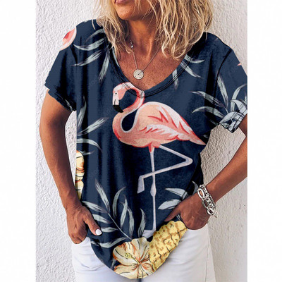 Tricou cu imprimeu Reteo Flamingo pentru femei, stil de plajă de vară, tricouri cu mânecă scurtă, cu decolteu în V, bluză supradimensionată, haine casual pentru femei