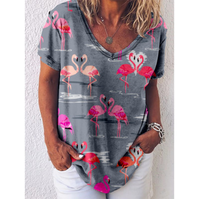 Tricou cu imprimeu Reteo Flamingo pentru femei, stil de plajă de vară, tricouri cu mânecă scurtă, cu decolteu în V, bluză supradimensionată, haine casual pentru femei