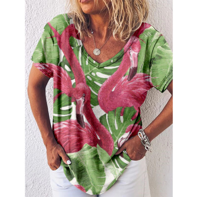 Tricou cu imprimeu Reteo Flamingo pentru femei, stil de plajă de vară, tricouri cu mânecă scurtă, cu decolteu în V, bluză supradimensionată, haine casual pentru femei