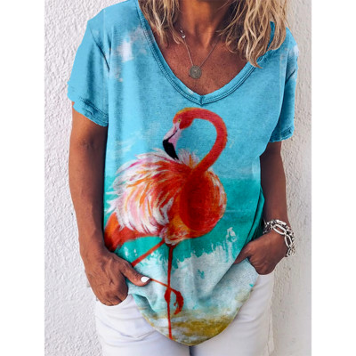Tricou cu imprimeu Reteo Flamingo pentru femei, stil de plajă de vară, tricouri cu mânecă scurtă, cu decolteu în V, bluză supradimensionată, haine casual pentru femei