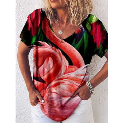Tricou cu imprimeu Reteo Flamingo pentru femei, stil de plajă de vară, tricouri cu mânecă scurtă, cu decolteu în V, bluză supradimensionată, haine casual pentru femei
