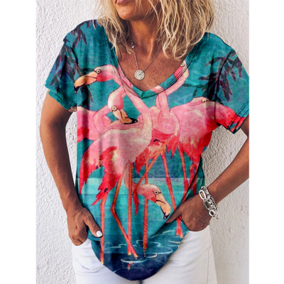 Tricou cu imprimeu Reteo Flamingo pentru femei, stil de plajă de vară, tricouri cu mânecă scurtă, cu decolteu în V, bluză supradimensionată, haine casual pentru femei
