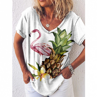 Tricou cu imprimeu Reteo Flamingo pentru femei, stil de plajă de vară, tricouri cu mânecă scurtă, cu decolteu în V, bluză supradimensionată, haine casual pentru femei