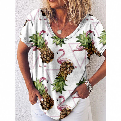 Tricou cu imprimeu Reteo Flamingo pentru femei, stil de plajă de vară, tricouri cu mânecă scurtă, cu decolteu în V, bluză supradimensionată, haine casual pentru femei
