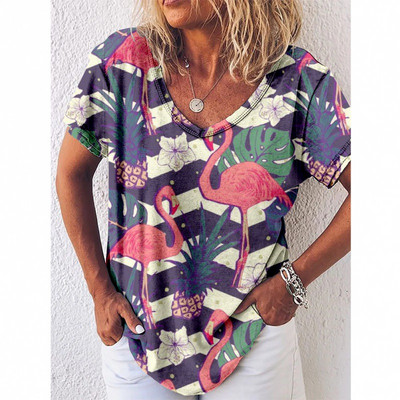 Tricou cu imprimeu Reteo Flamingo pentru femei, stil de plajă de vară, tricouri cu mânecă scurtă, cu decolteu în V, bluză supradimensionată, haine casual pentru femei