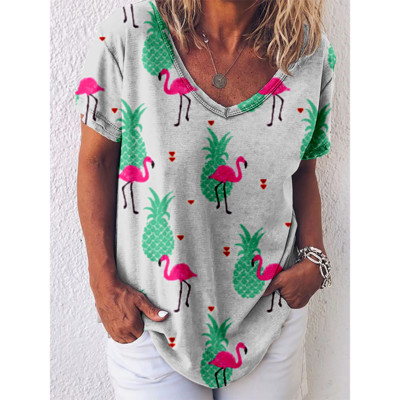 Tricou cu imprimeu Reteo Flamingo pentru femei, stil de plajă de vară, tricouri cu mânecă scurtă, cu decolteu în V, bluză supradimensionată, haine casual pentru femei