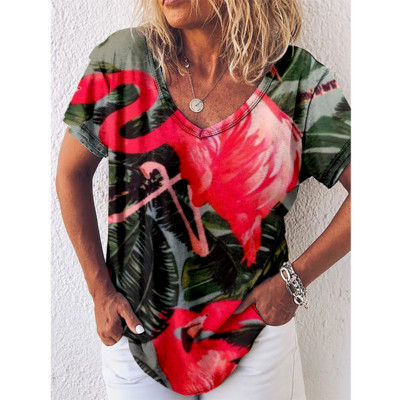 Tricou cu imprimeu Reteo Flamingo pentru femei, stil de plajă de vară, tricouri cu mânecă scurtă, cu decolteu în V, bluză supradimensionată, haine casual pentru femei