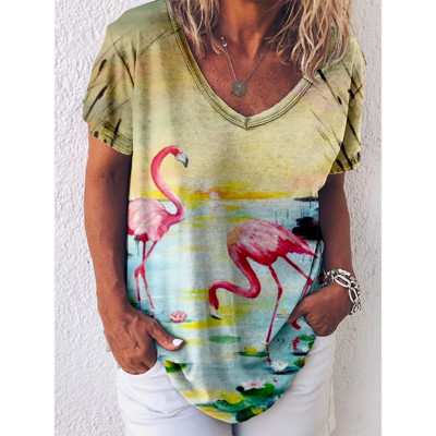 Tricou cu imprimeu Reteo Flamingo pentru femei, stil de plajă de vară, tricouri cu mânecă scurtă, cu decolteu în V, bluză supradimensionată, haine casual pentru femei